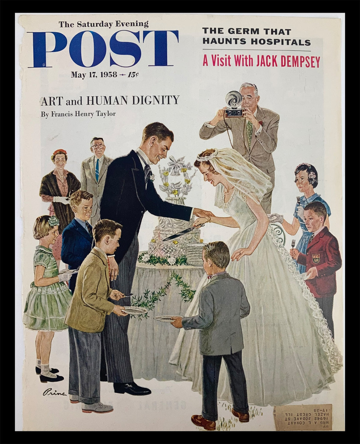 Cover of The Saturday Evening Post May 17, 1958 featuring 'A Visit with Jack Dempsey' with a wedding scene illustration showing children and adults gathered around a cake.