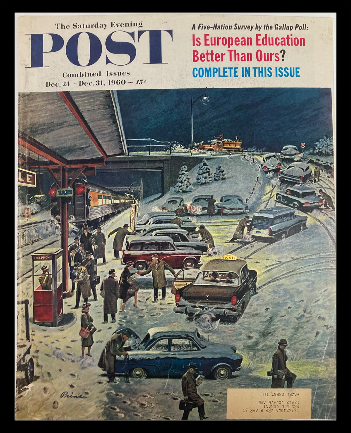 Cover of The Saturday Evening Post December 24 1960 featuring a snowy urban scene with people interacting around parked cars, highlighting the theme "Is European Education Better Than Ours?".