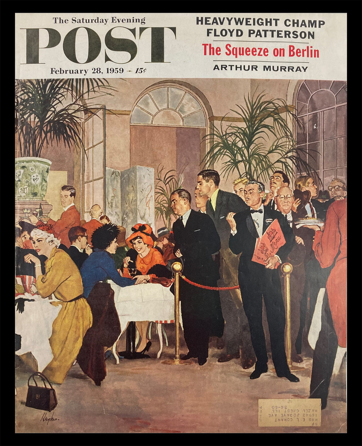 The Saturday Evening Post February 28 1959 cover featuring the artwork 'The Squeeze on Berlin' depicting a bustling social scene with elegantly dressed individuals.