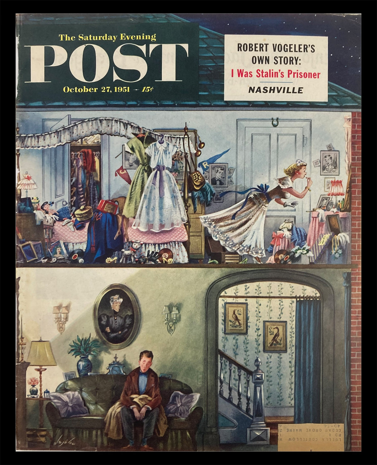Cover of The Saturday Evening Post from October 27, 1951, featuring Robert Vogeler's story, with a vintage illustration depicting a domestic scene and vibrant colors, ideal for collectors and nostalgia enthusiasts.