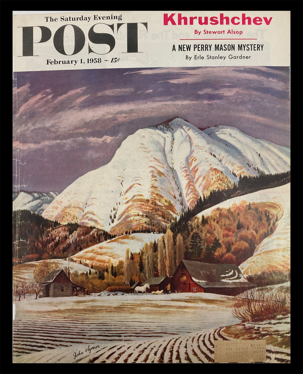 Cover of The Saturday Evening Post from February 1, 1958 featuring Nikita Khrushchev and a winter landscape painted by John Gyger.