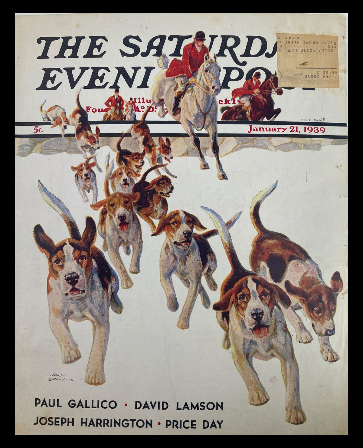 Cover of The Saturday Evening Post January 21, 1939, featuring artwork by Joseph Harrington, depicting a horse rider in red with a pack of hounds.