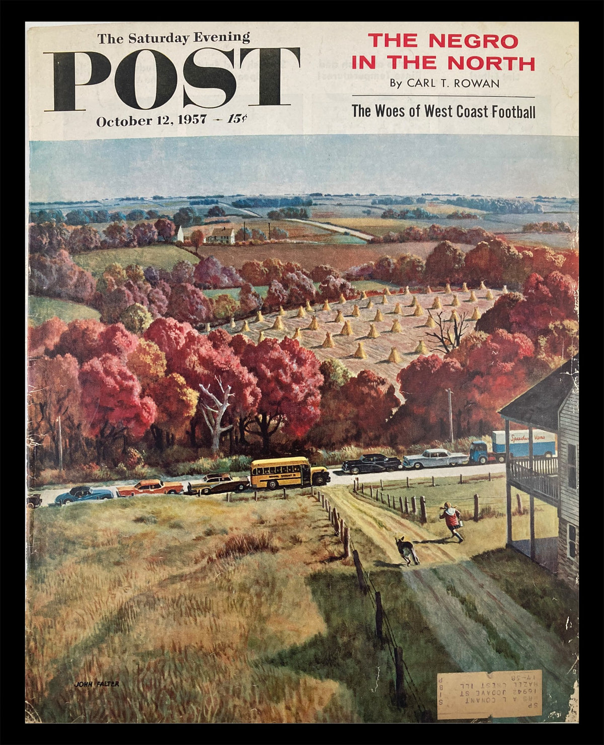 Cover of The Saturday Evening Post, October 12, 1957 showcasing the title 'The Negro in the North', illustrated by John Falter with vibrant autumn scenery.