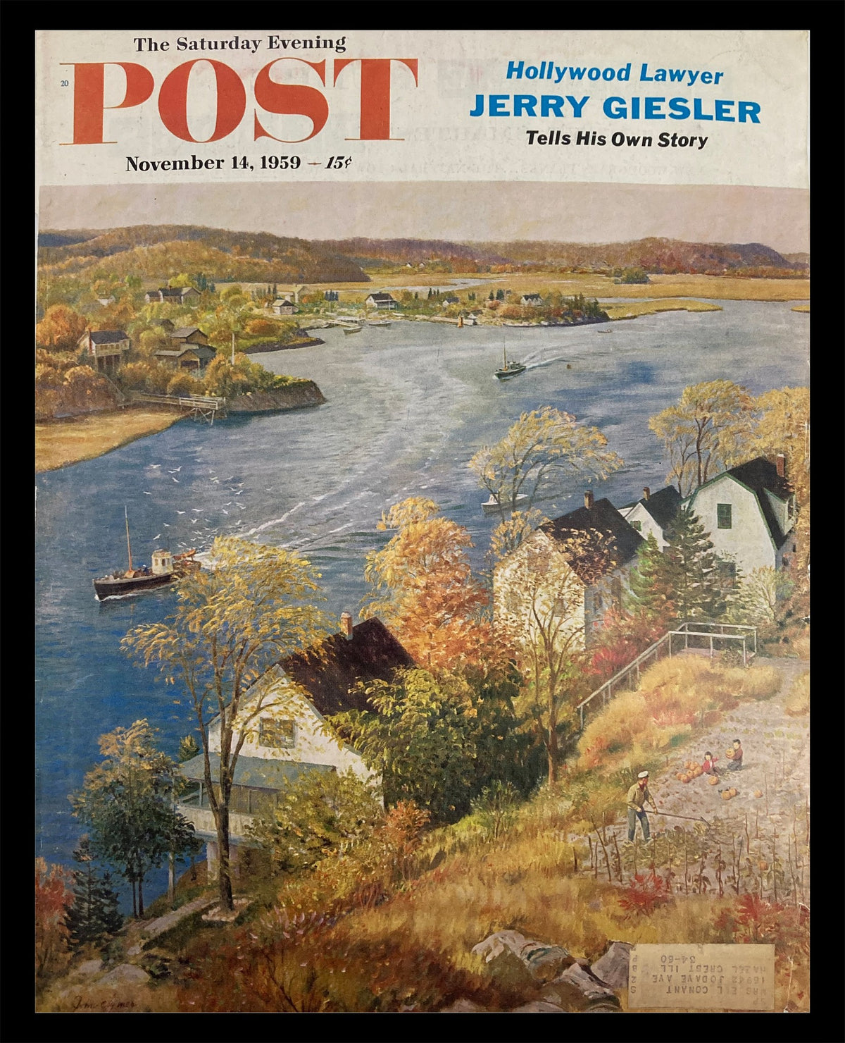 COVER ONLY The Saturday Evening Post November 14 1959 featuring lawyer Jerry Giesler, showcasing a picturesque landscape with autumn foliage and a serene river scene.