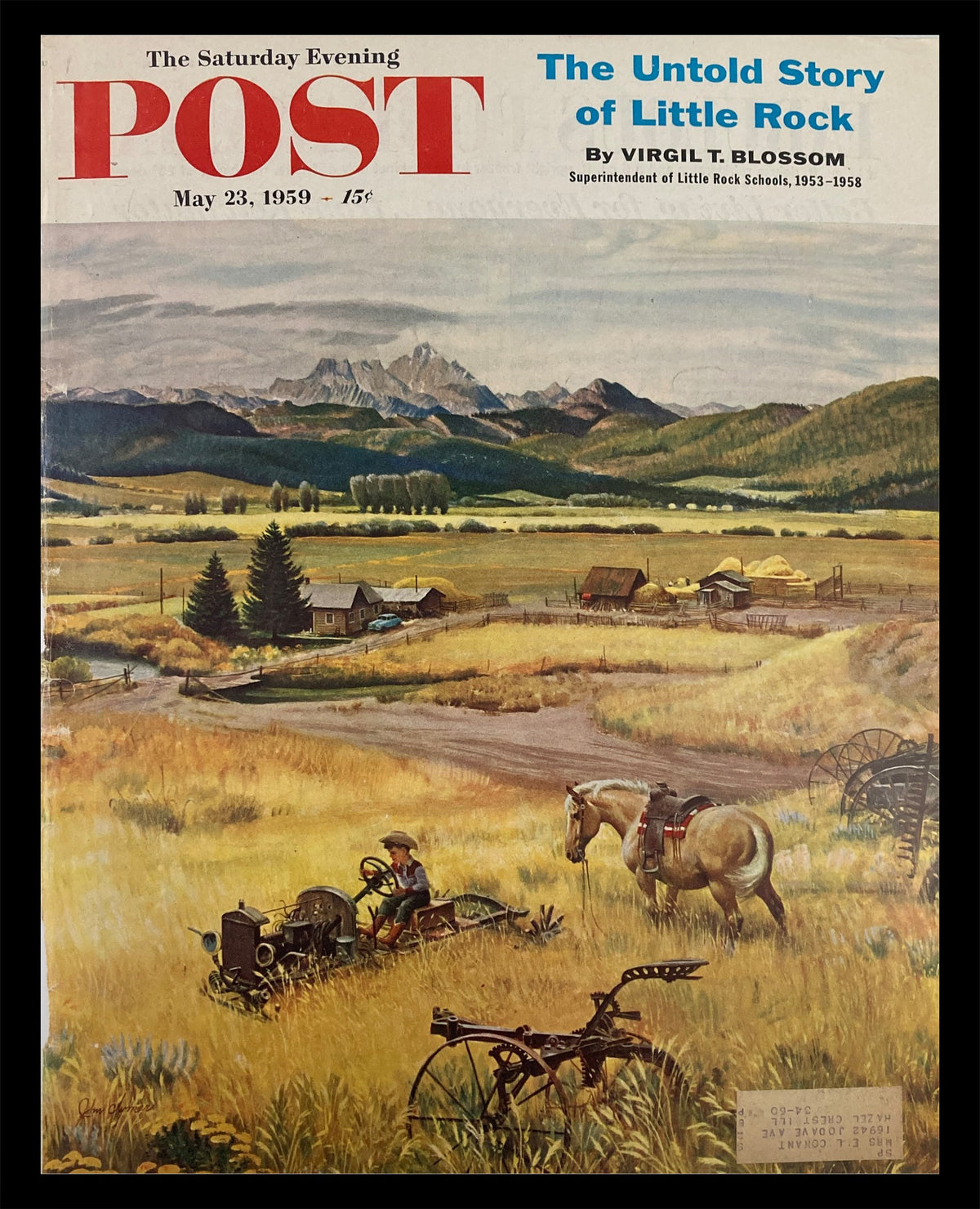 Cover of The Saturday Evening Post from May 23, 1959, featuring 'The Untold Story of Little Rock,' showcasing a scenic illustration of a boy on a vintage tractor in a field with a pony nearby.