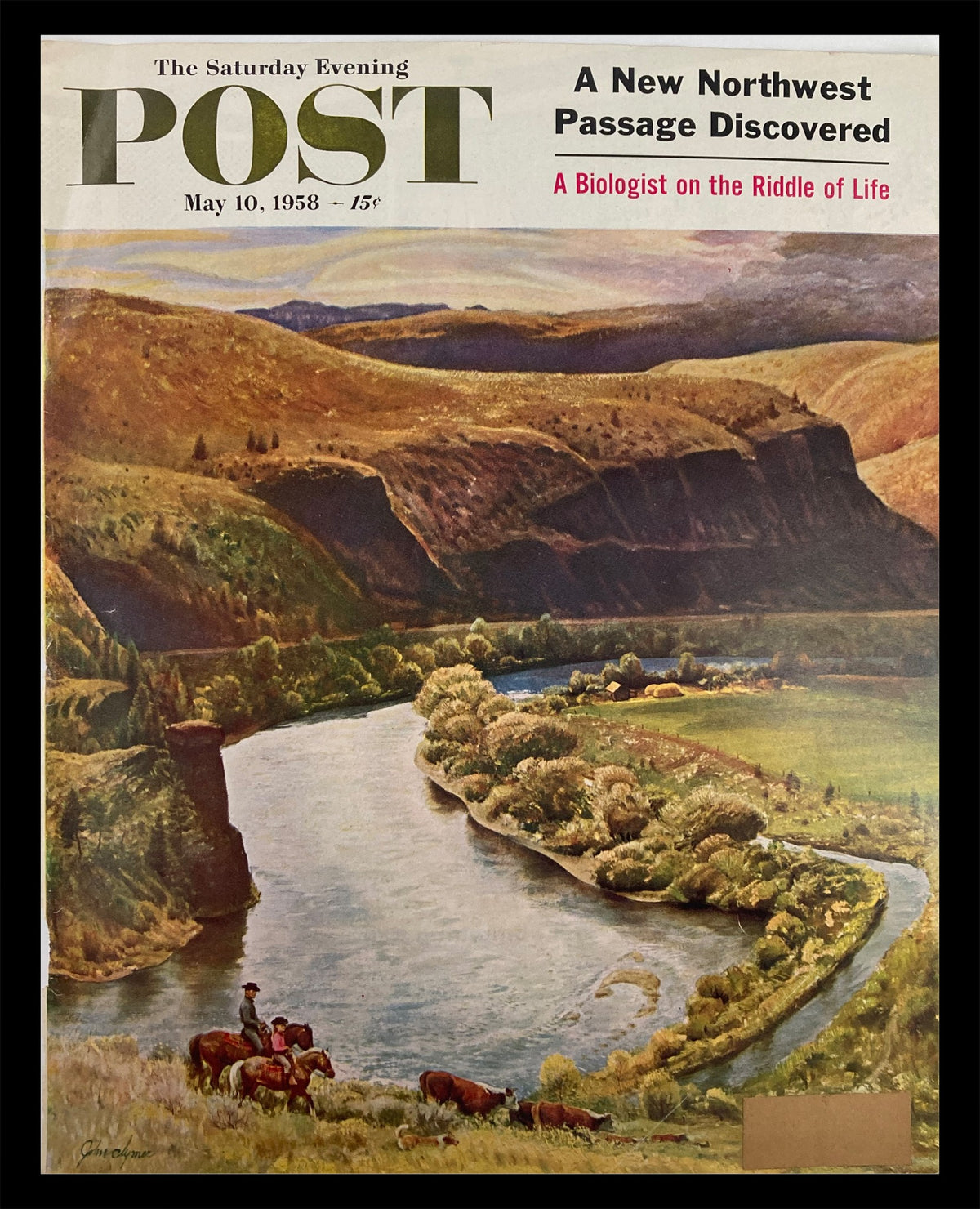 Cover of The Saturday Evening Post from May 10, 1958, titled 'A New Northwest Passage Discovered', featuring a beautiful landscape with a river, mountains, and a cowboy on horseback.
