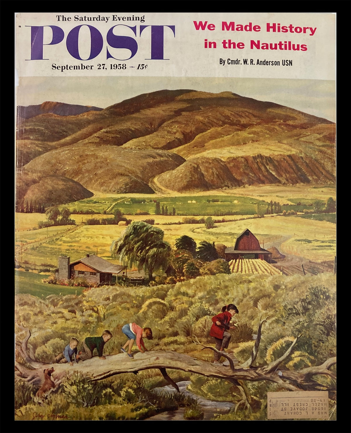 Cover of The Saturday Evening Post, September 27, 1958, titled 'We Made History in the Nautilus.' The cover features a nostalgic illustration of children playing on a fallen tree trunk, with a scenic mountainous background and rustic farmhouses.