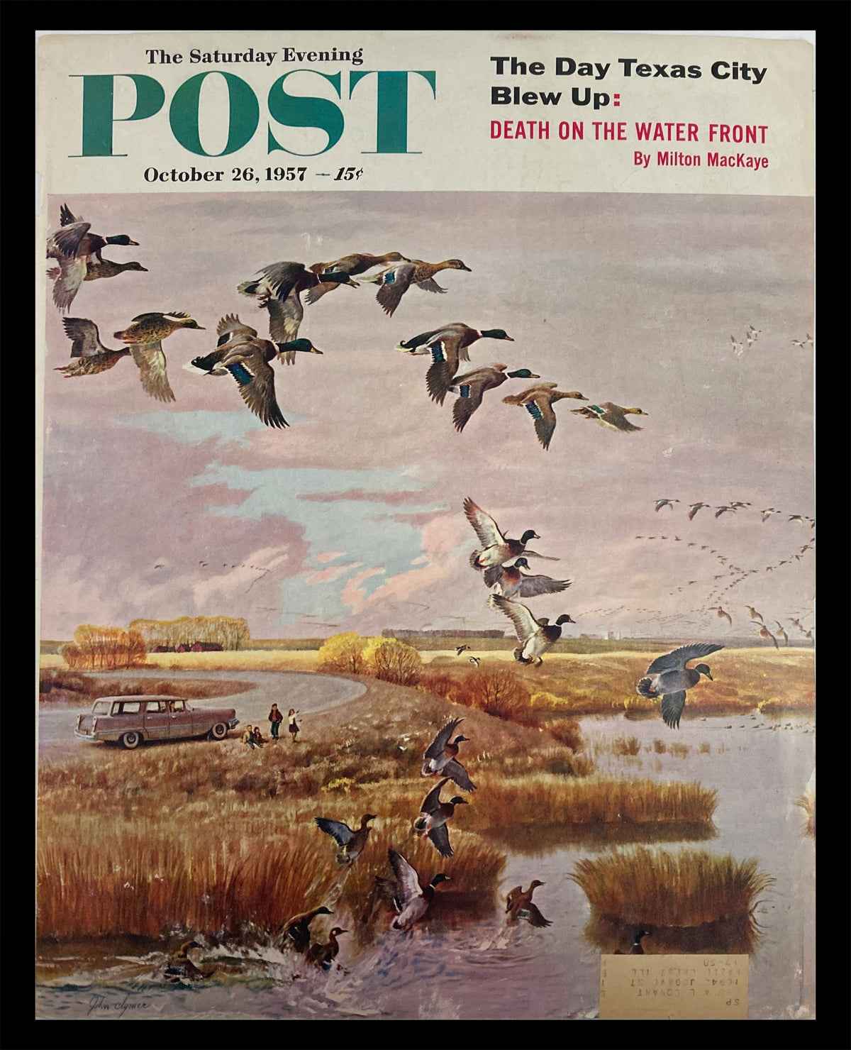 Cover of The Saturday Evening Post, October 26, 1957, titled 'Death on the Water Front', featuring an illustration of ducks in flight over a marshland with a vintage car and figures in the background.