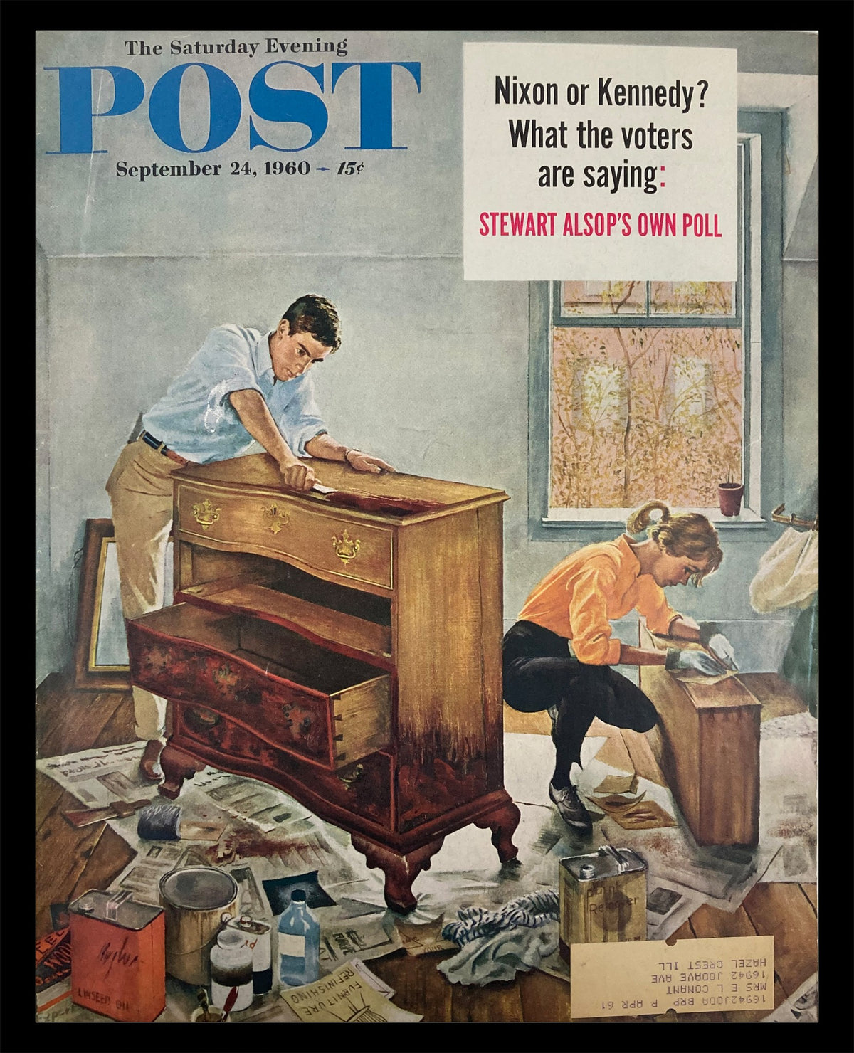 Vintage cover of The Saturday Evening Post from September 24, 1960 featuring the artwork 'Stewart Alsop's Own Pool'. The cover depicts a scene with a young man and woman working on furniture in a cluttered room, highlighting the era's style and nostalgia.