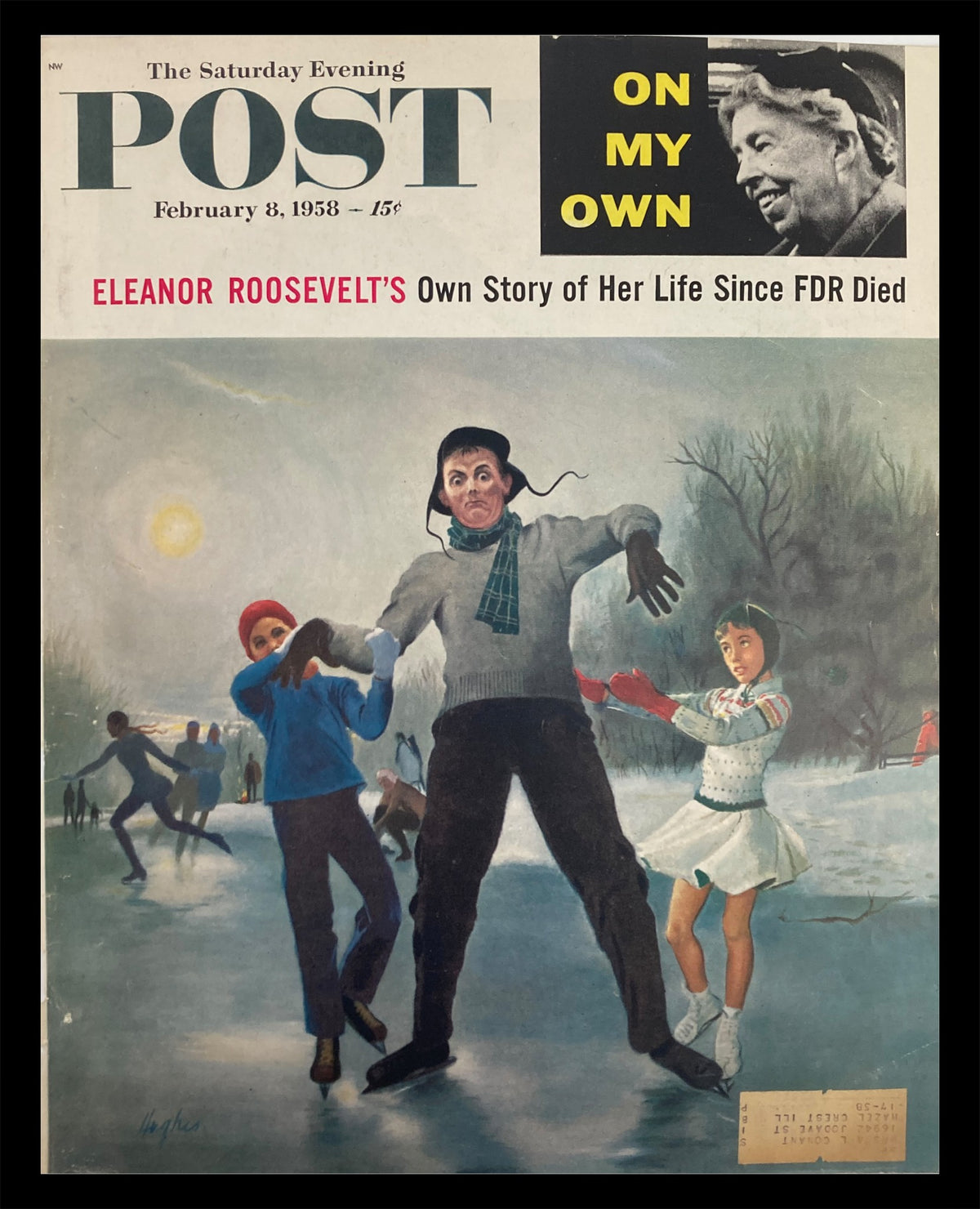 The Saturday Evening Post February 8 1958 cover featuring Eleanor Roosevelt's story, depicting a winter skating scene with children and adults on an ice rink.