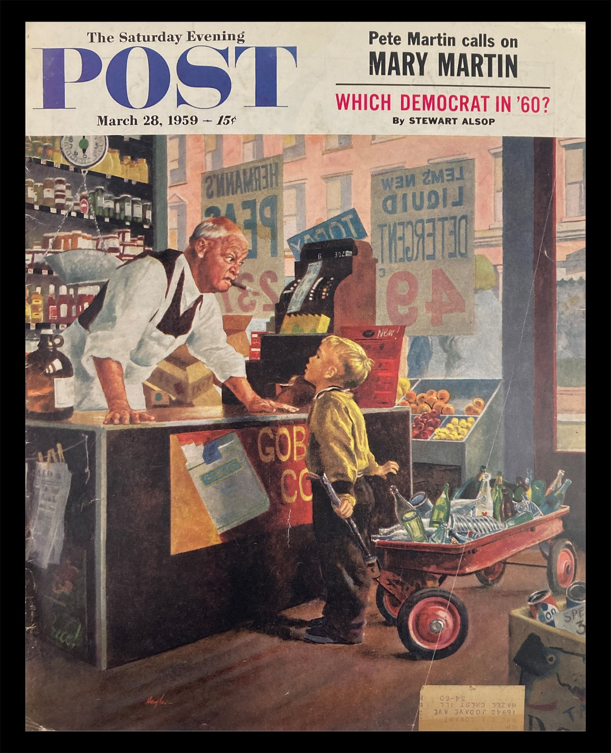 Cover of The Saturday Evening Post dated March 28, 1959 featuring artwork by Pete Martin and Mary Martin, depicting a grocery store scene with a man serving a boy in front of a counter, highlighting vintage American culture.