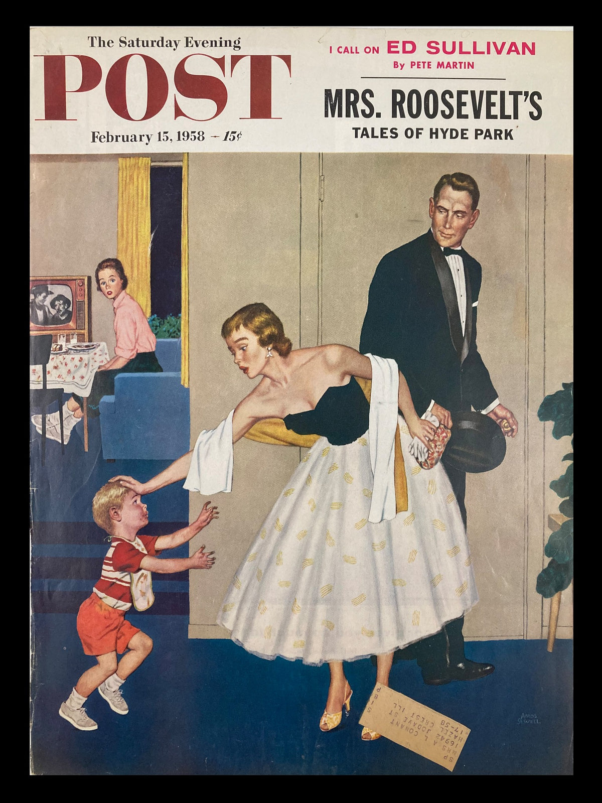 The Saturday Evening Post February 15, 1958 cover featuring an illustration of a woman in an elegant dress interacting with a child; a man in a tuxedo stands beside them, capturing a lively domestic scene from the 1950s.