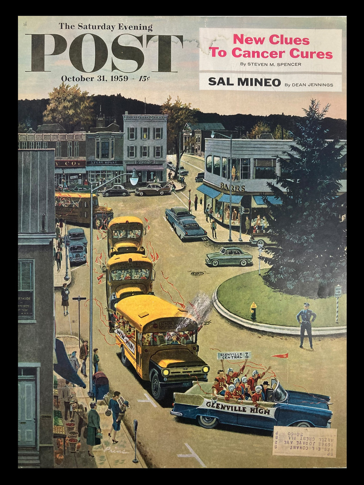 Cover of The Saturday Evening Post, October 31, 1959, featuring the theme 'New Clues To Cancer Cures,' with a colorful illustration capturing a town parade scene, including school buses and vintage cars.