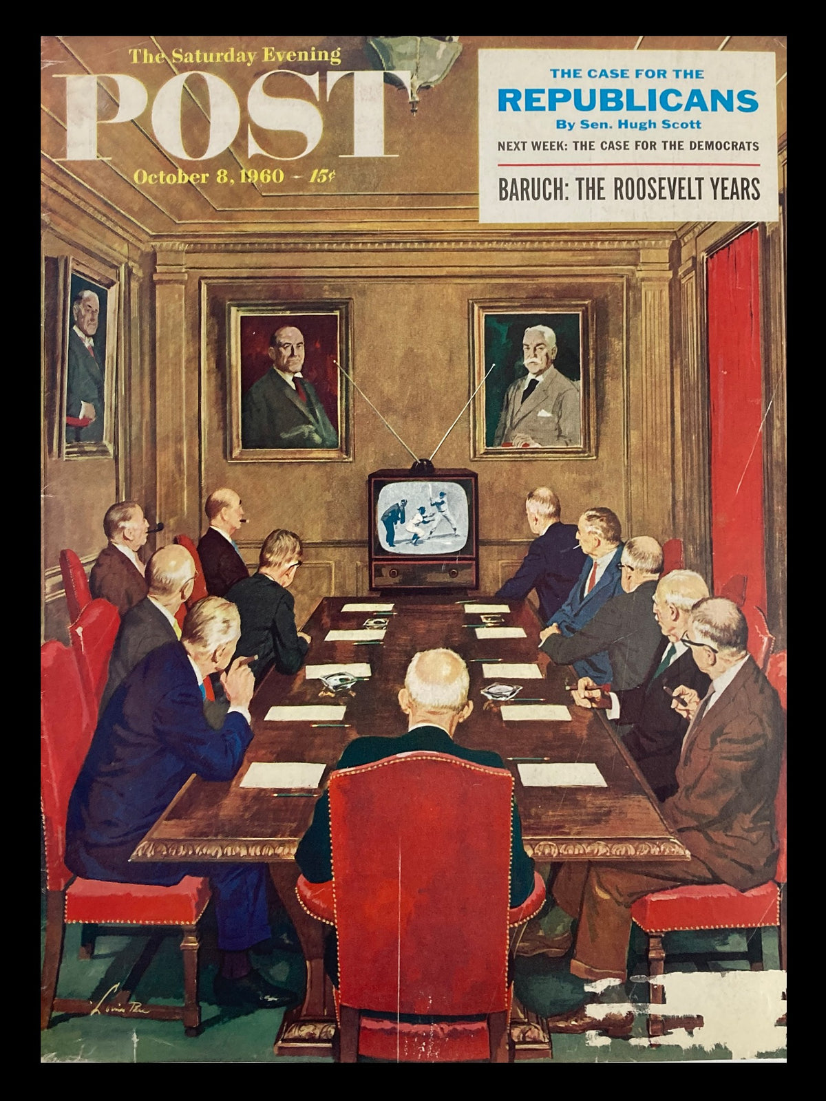 Cover of The Saturday Evening Post dated October 8, 1960 featuring the title 'Baruch: The Roosevelt Years', showcasing a meeting with individuals gathered around a table, watching a television in a vintage room setting.