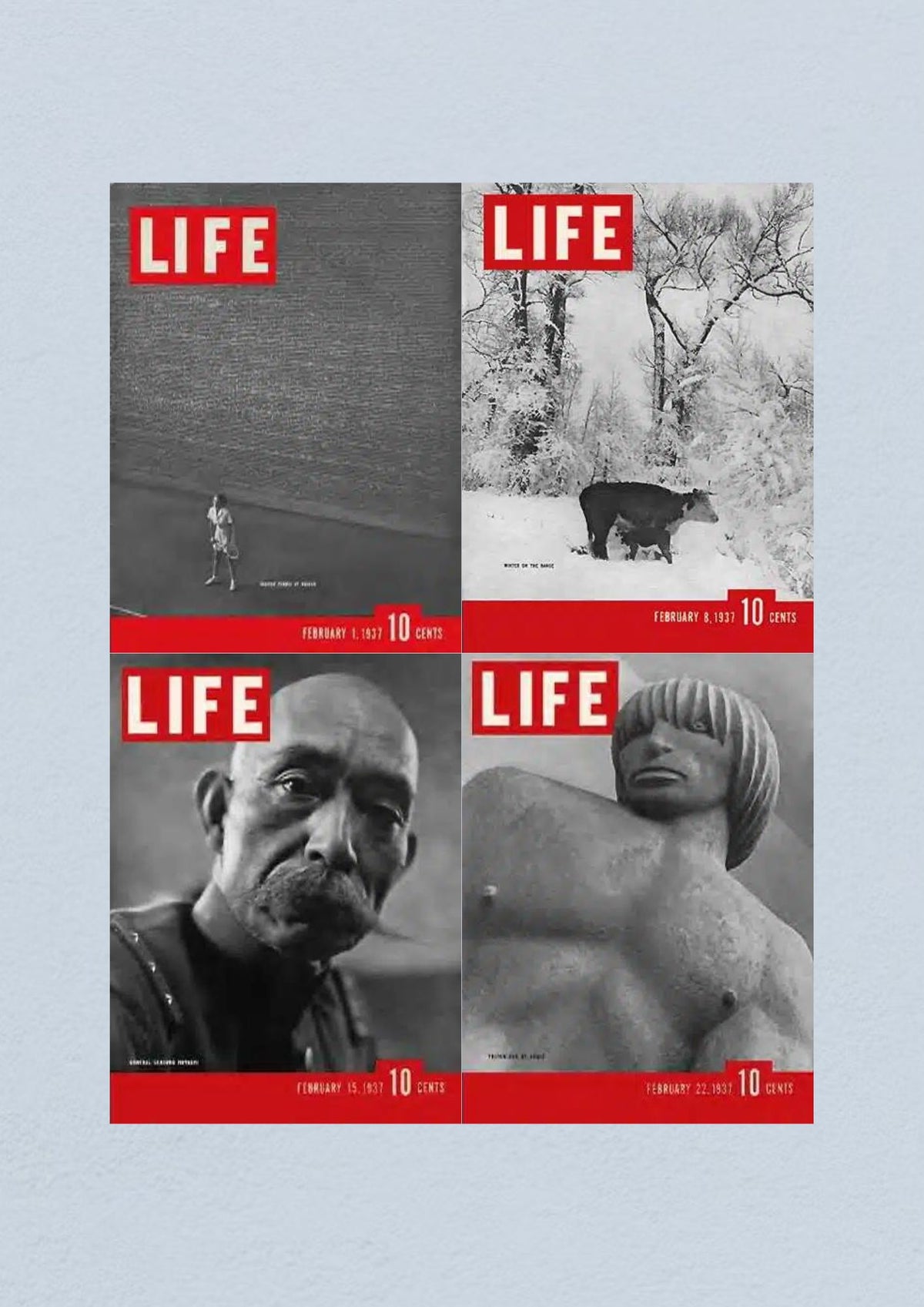 Life Magazine lot of 4 covers, February 1937 issues from My Store - February 1st features a tennis player, February 8th highlights a snowy scene with cattle, February 15th showcases Japanese General Senjuro Hayashi, and February 22nd depicts a sculpture.