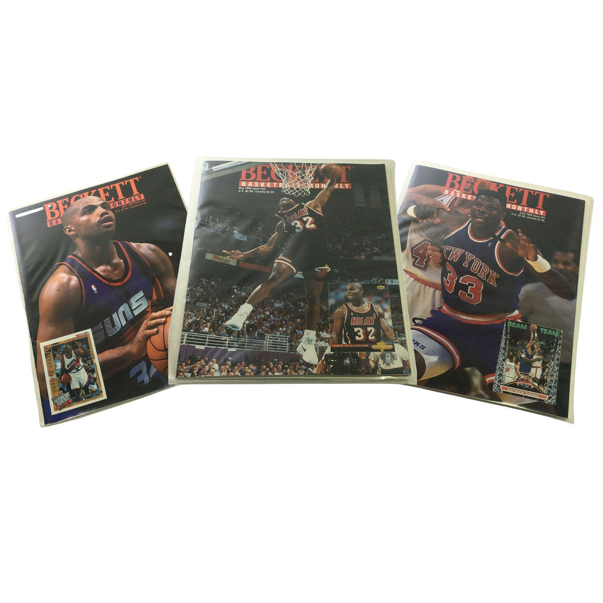 Lot of 3 Beckett Basketball Magazines, showcasing NBA legends Charles Barkley, Harold Miner, and Patrick Ewing from April to June 1993.