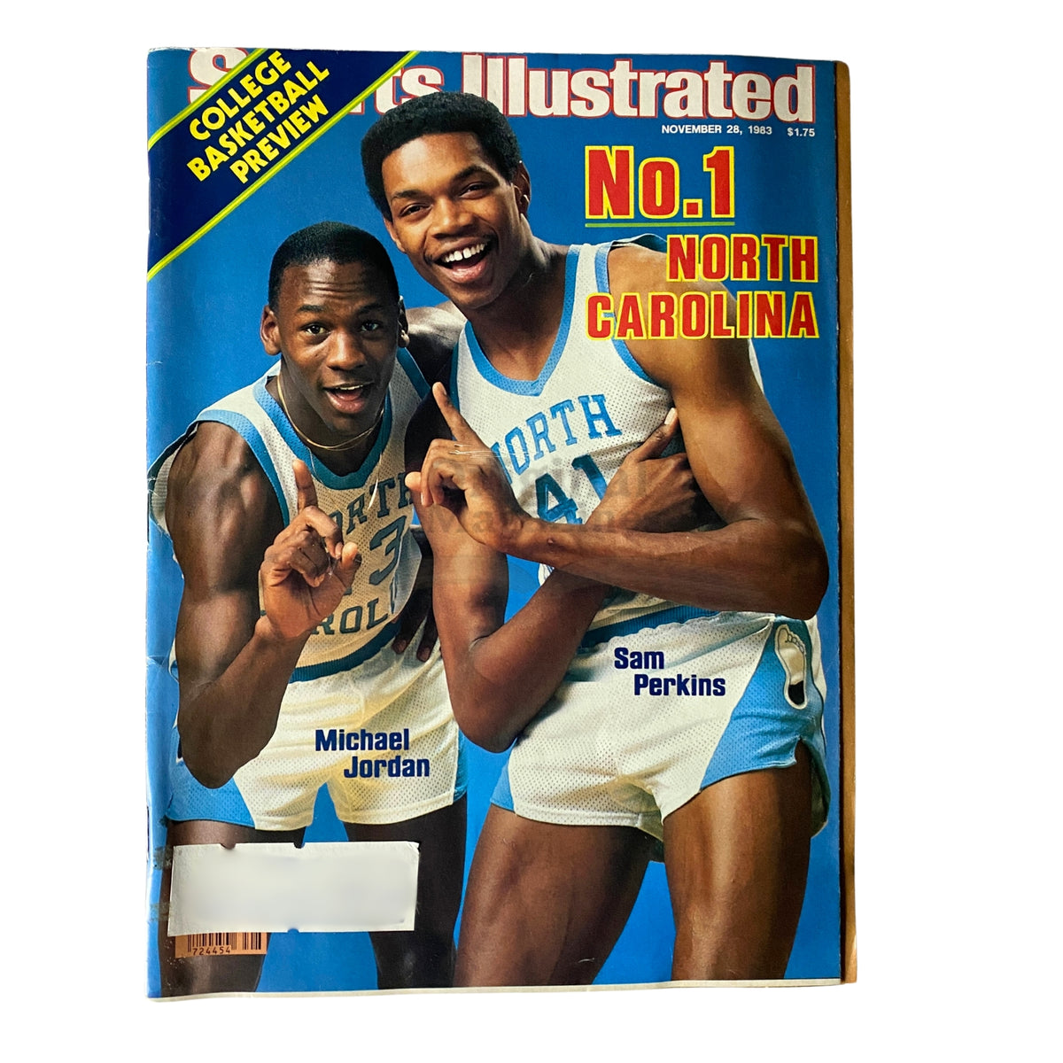 Sports Illustrated Magazine November 28, 1983 cover featuring basketball legends Michael Jordan and Sam Perkins in North Carolina uniforms.
