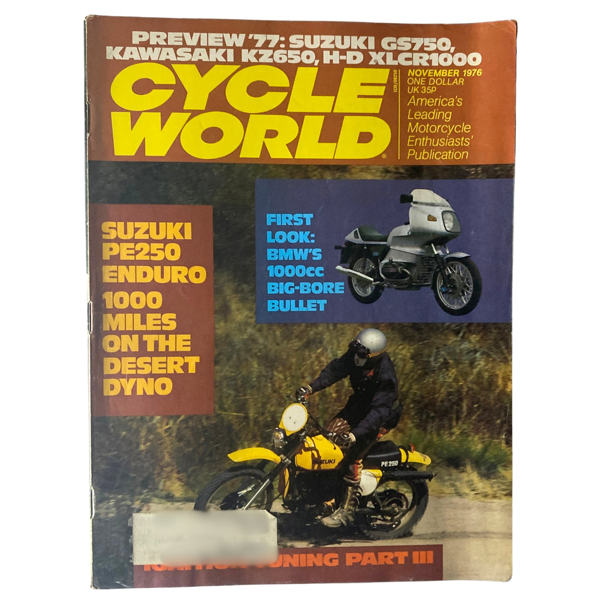 Cycle World Magazine November 1976 cover featuring BMW's 1000cc Big-Bore Bullet, showcasing Suzuki PE250 Enduro and Harley-Davidson XLCR1000 advertisements.