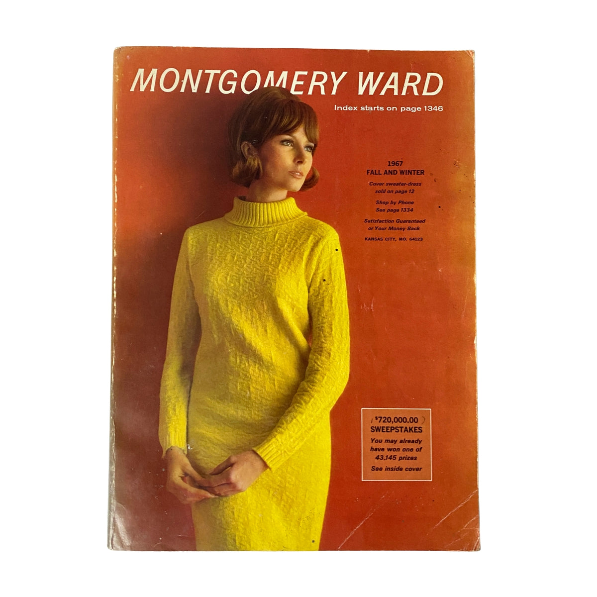 Cover of the 1967 Montgomery Ward Fall and Winter Catalog featuring a model in a stylish yellow turtleneck dress, highlighting vintage fashion trends.