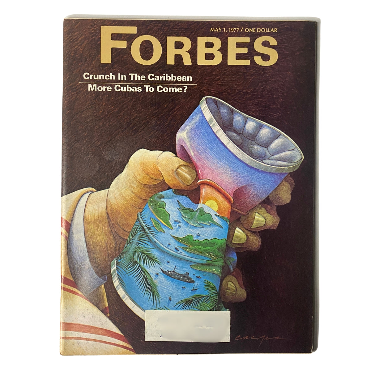 Forbes Magazine May 1, 1977 cover featuring the title 'Crunch In The Caribbean'. The cover illustration shows a hand holding a colorful cup with Caribbean imagery, reflecting the magazine's focus on economic issues in the Caribbean during the oil crisis.