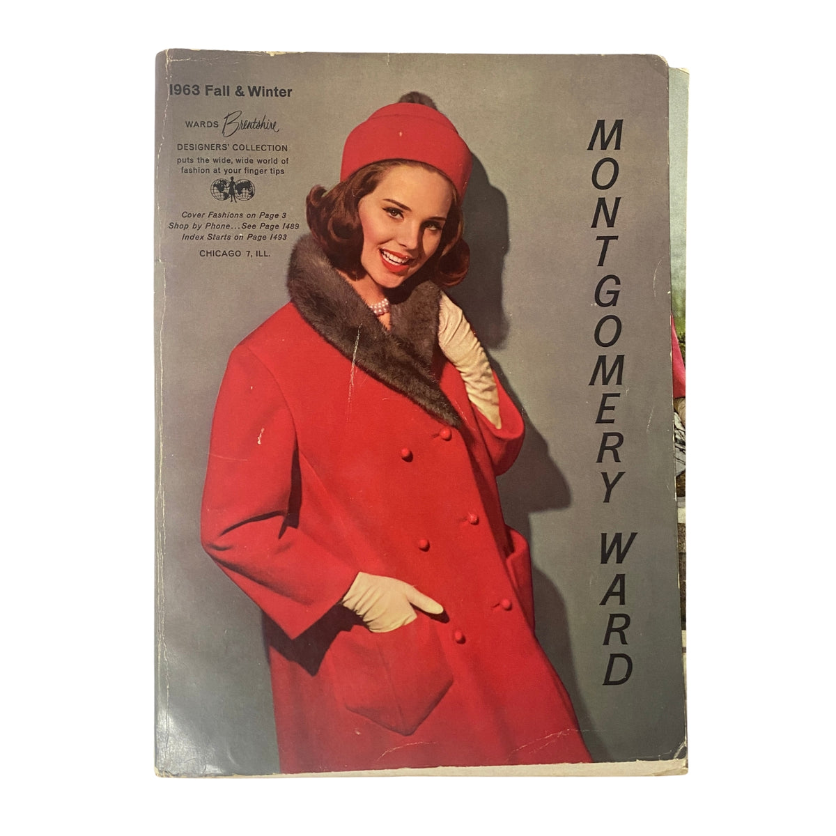 Cover of the 1963 Montgomery Ward Fall and Winter Catalog featuring a woman in a red coat and hat.
