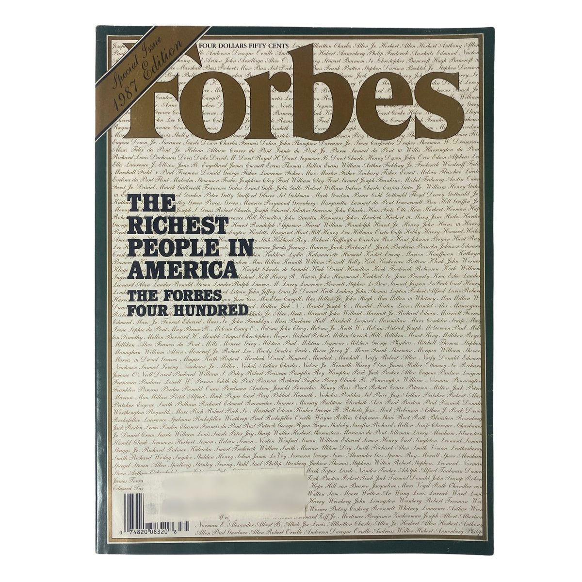 Cover of Forbes Magazine 1987 edition featuring the title 'The Richest People in America, The Forbes Four Hundred'. The cover includes a special edition banner and a backdrop of names associated with wealth.