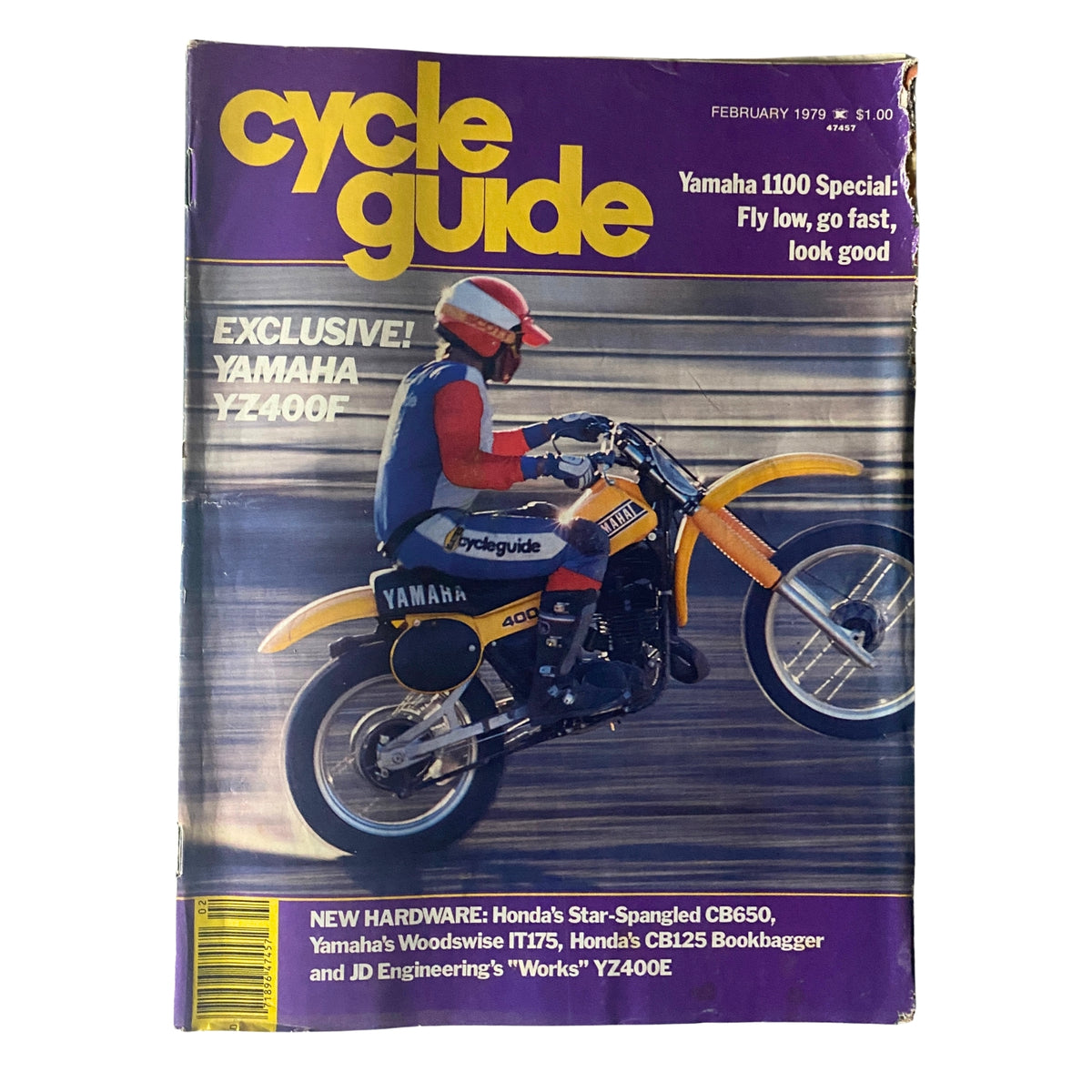 Cover of Cycle Guide Magazine February 1979 featuring the Yamaha YZ400F motorcycle, showcasing vibrant colors and an image of a rider with a detailed caption about Yamaha 1100 Special.
