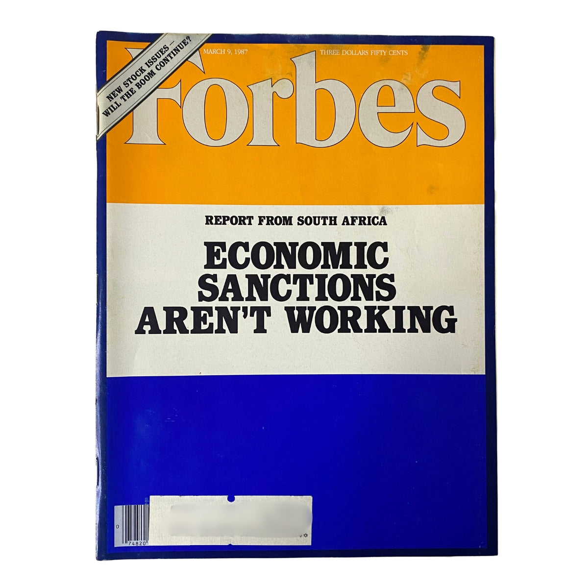 Cover of Forbes Magazine March 9, 1987 featuring the headline 'Economic Sanctions Aren't Working' alongside a report from South Africa.