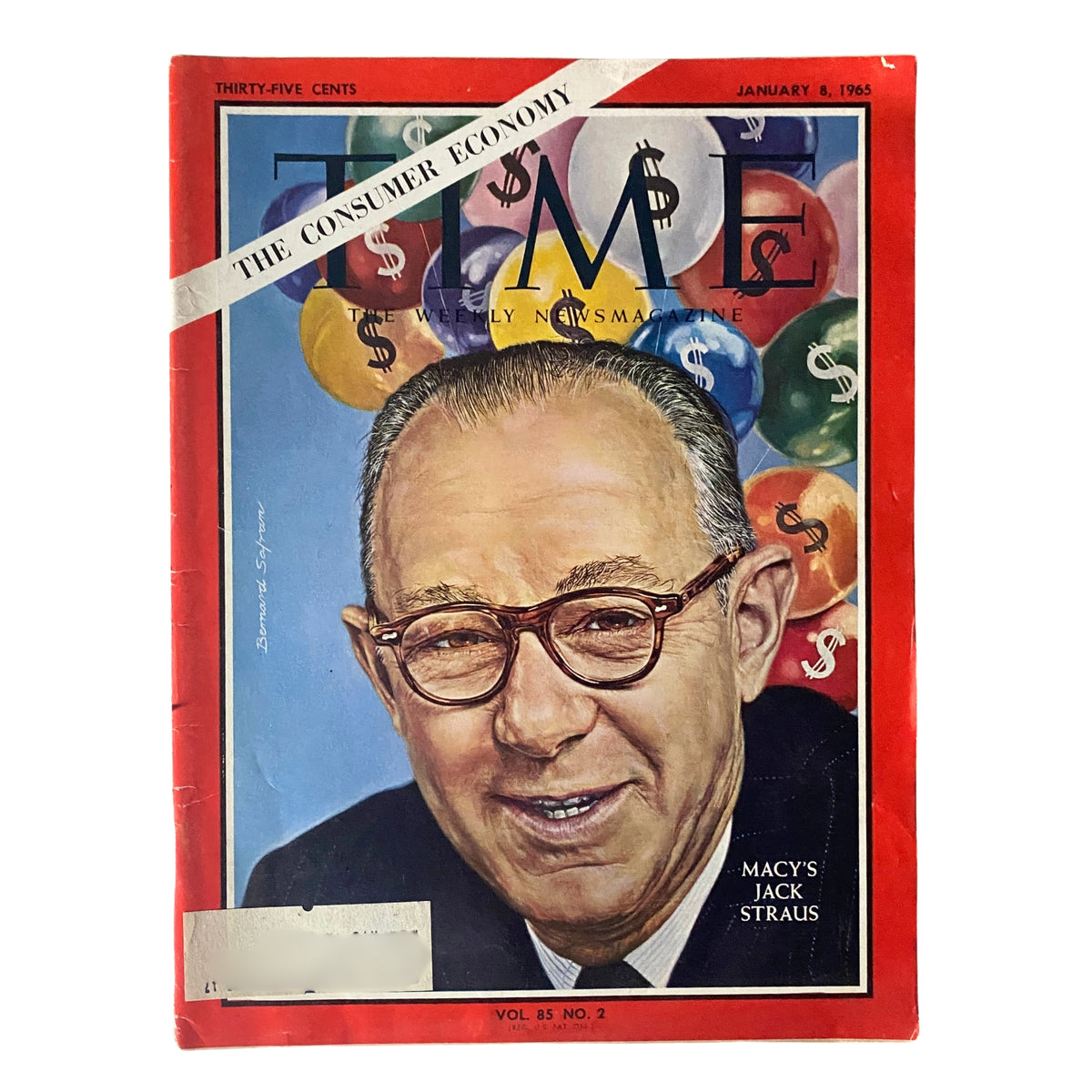 Time Magazine January 8, 1965 Vol 85 No. 2 featuring a cover portrait of Macy's chairman Jack Straus against a colorful background with dollar signs, highlighting the impact of the consumer economy.