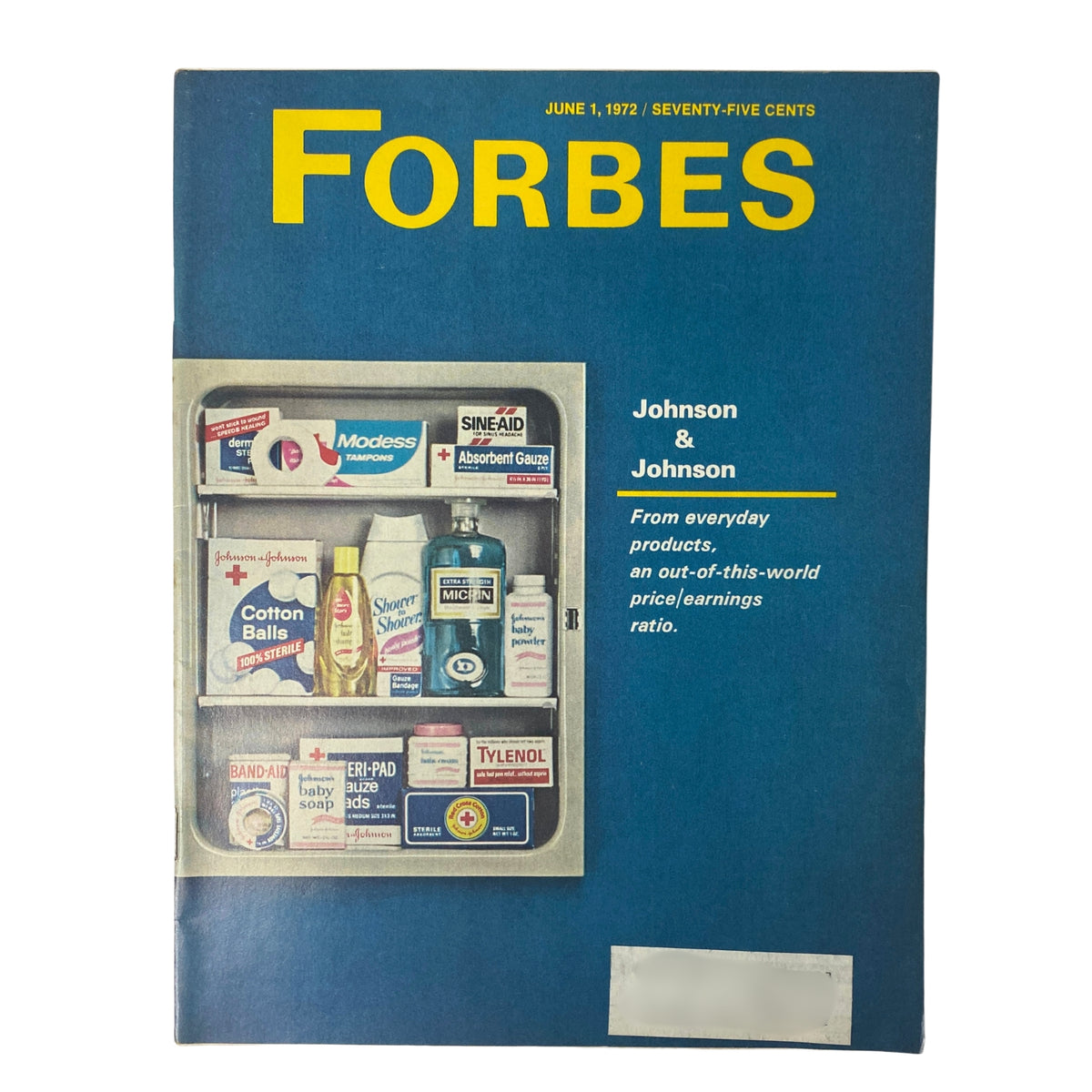 Cover of Forbes Magazine, June 1, 1972, featuring Johnson & Johnson products, showcasing everyday items and the price/earnings ratio.