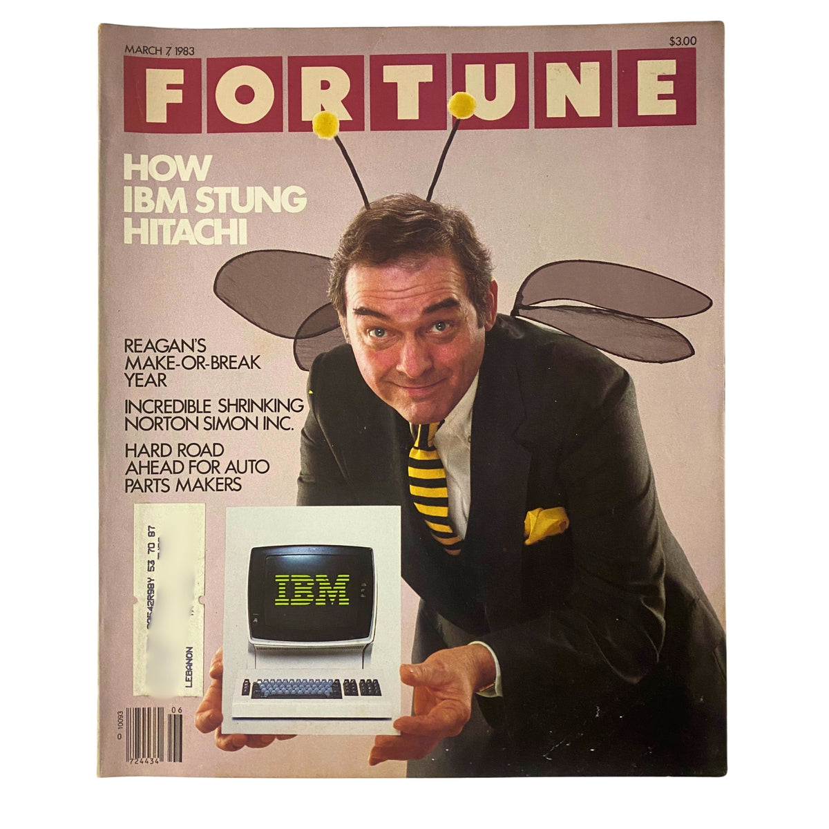 Cover of Fortune Magazine dated March 7, 1983, featuring the title 'How IBM Stung Hitachi', illustrated with a businessman wearing bee antennas, and an IBM computer display.