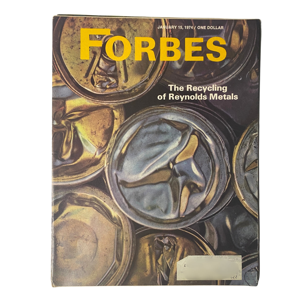 Cover of Forbes Magazine, January 15, 1974, featuring the title 'The Recycling of Reynolds Metals' with an image of aluminum can lids, representing the focus on the aluminum industry and recycling.
