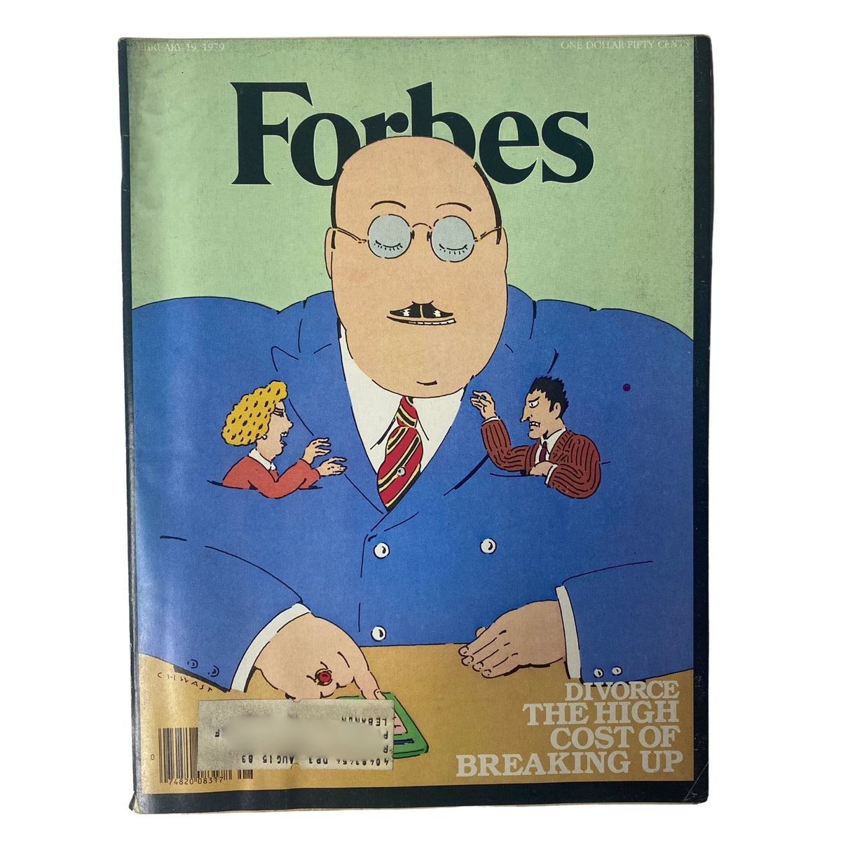 Forbes Magazine Cover from February 19, 1979, featuring the title 'Divorce: The High Cost of Breaking Up' with an illustration of a businessman and two characters representing divorce.