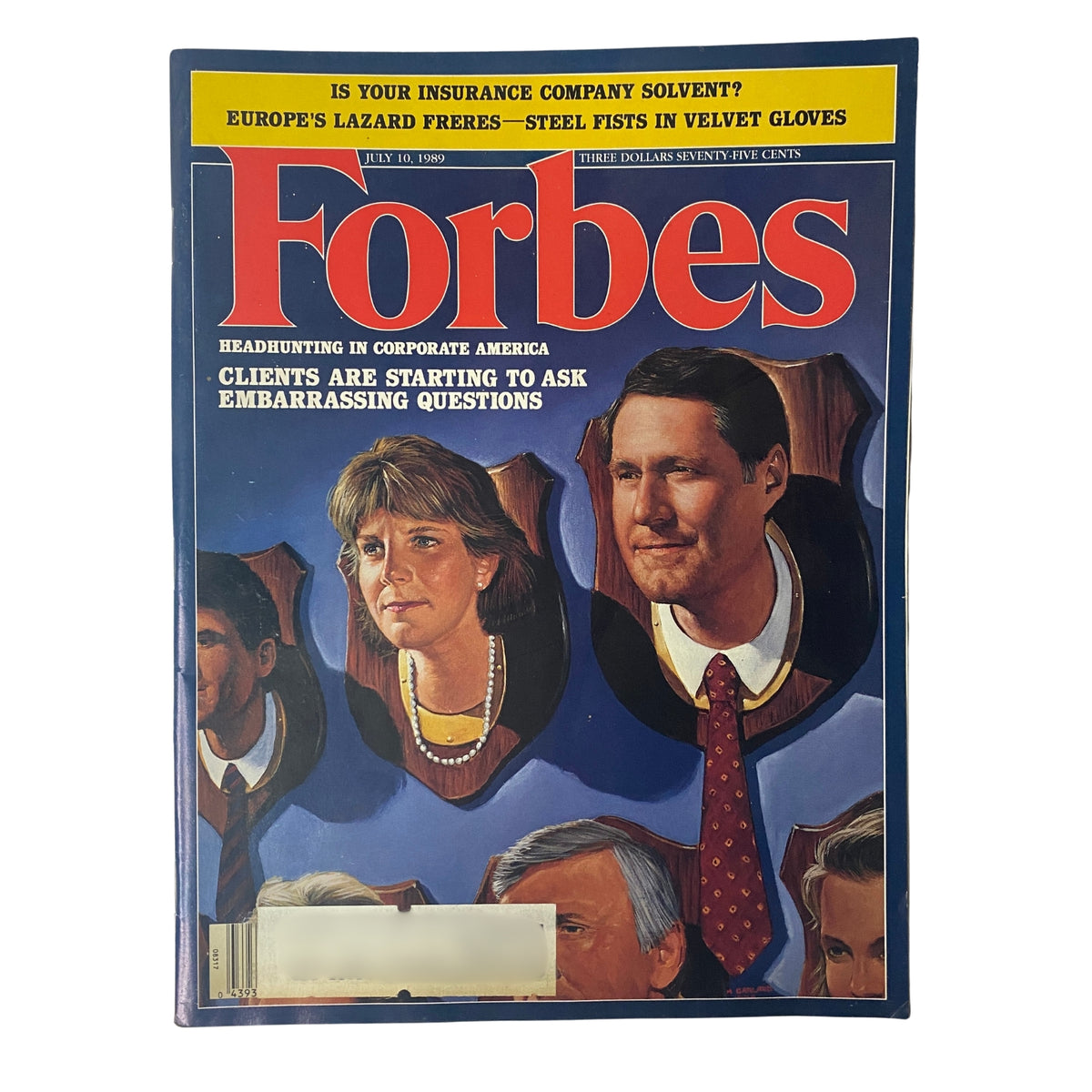 Forbes Magazine cover from July 10, 1989, titled 'The Clients Are Restless' featuring portraits of business executives, highlighting the theme of client dissatisfaction in the executive recruitment sector.