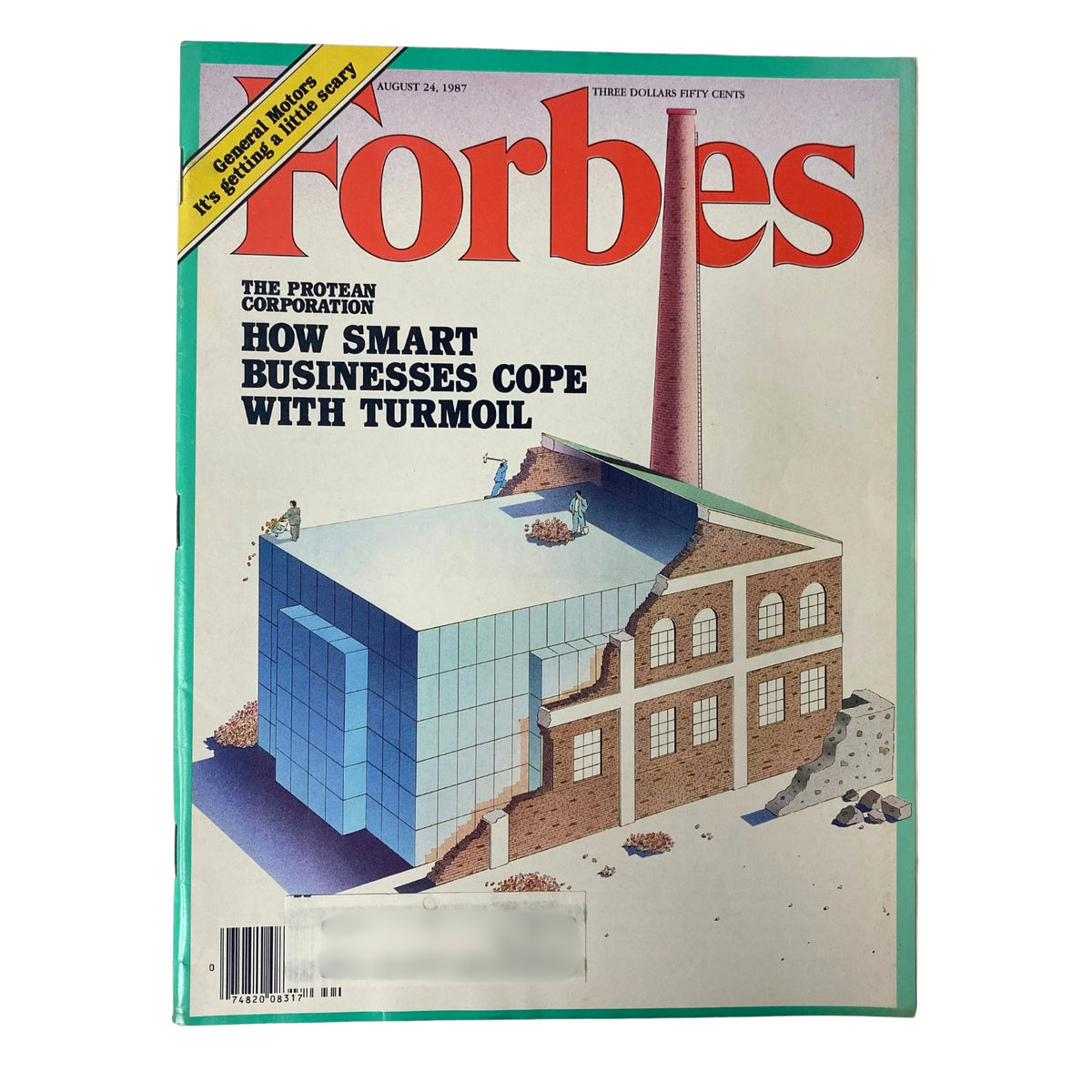 Cover of Forbes Magazine, August 24, 1987, featuring the title 'How Smart Businesses Cope with Turmoil' with a visual depiction of a corporate building blending old and new structures. The magazine explores the adaptability of businesses during economic challenges.