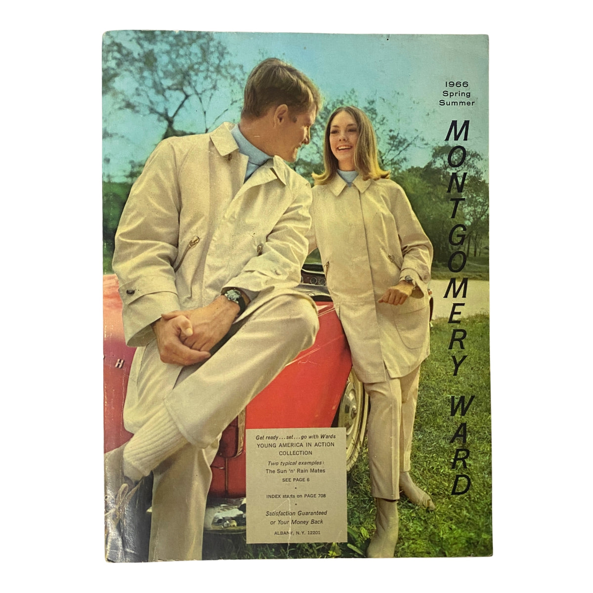Cover of the 1966 Montgomery Ward Spring and Summer Catalog featuring a couple in stylish light-colored outfits beside a classic car, showcasing mid-1960s fashion trends.
