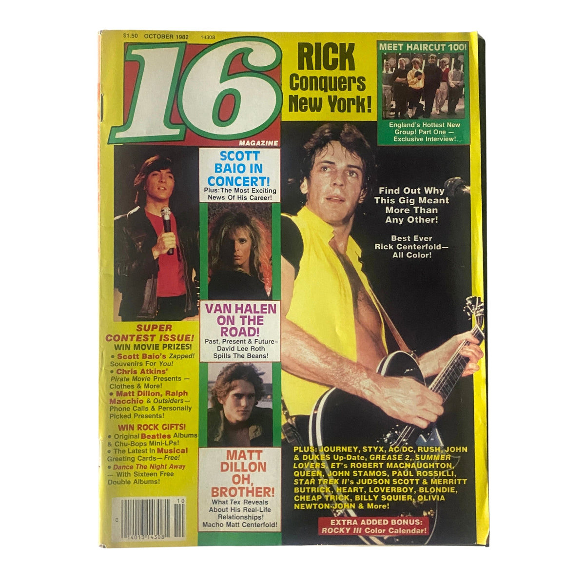 Cover of 16 Magazine October 1982 featuring Scott Baio and Rick Springfield, highlighting articles on Van Halen, Matt Dillon, and entertainment contests.