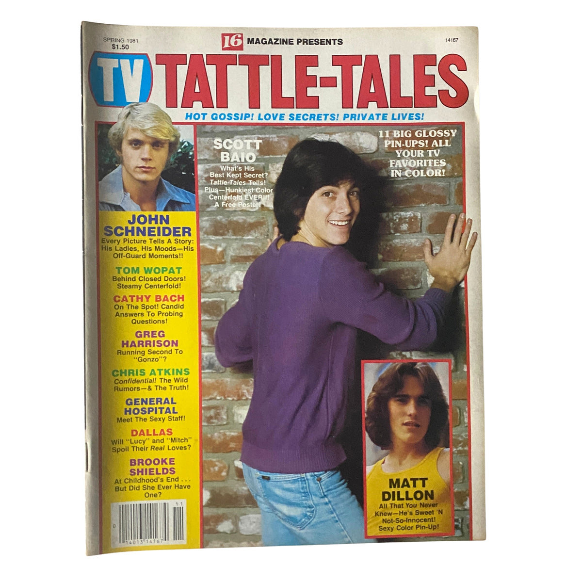 Cover of 16 Magazine TV Tattle-Tales Spring 1981 featuring Scott Baio and John Schneider, showcasing celebrity gossip, pin-ups, and TV stars.