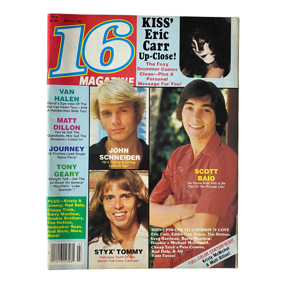 16 Magazine March 1981 cover featuring John Schneider and Scott Baio, showcasing popular 1980s teen idols with colorful layout and headlines about various celebrities.