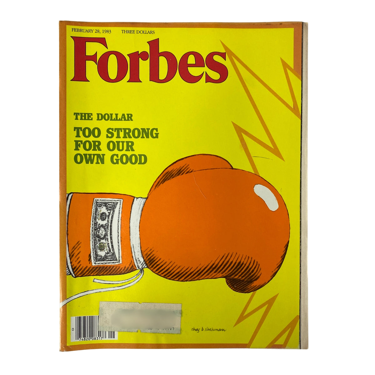 Cover of Forbes Magazine from February 28, 1983, featuring the title 'Will the U.S. Become A Pauper Nation?' with a bold graphic of a boxing glove. Highlights economic issues concerning the strength of the dollar.