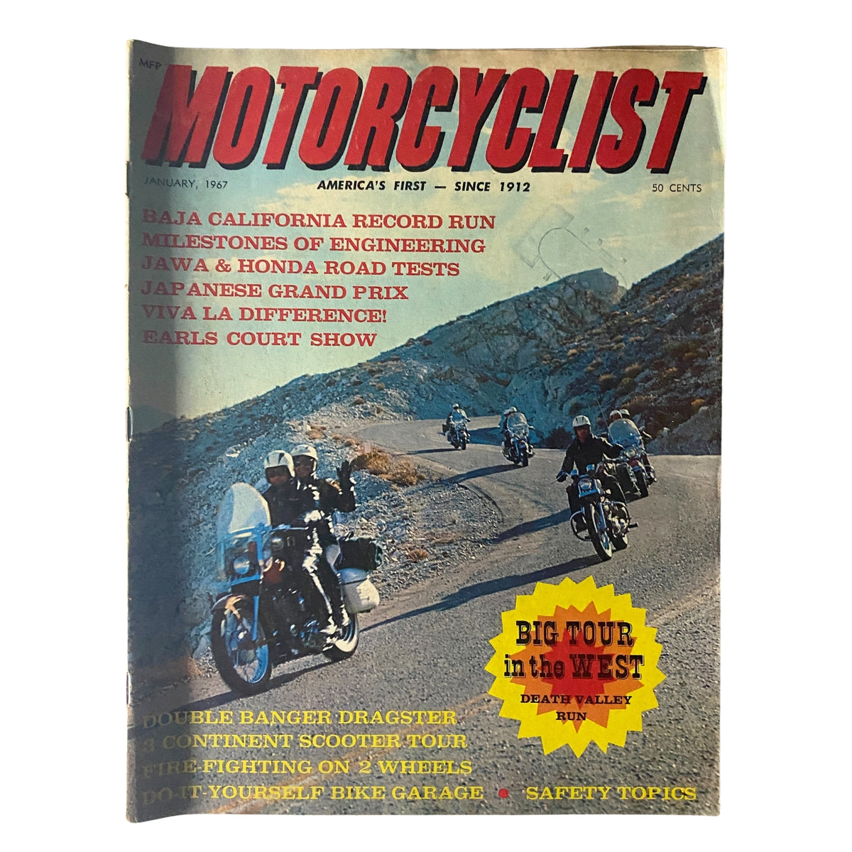 Cover of Motorcyclist Magazine January 1967 No. 836 featuring 'Death Valley Run in the West'. The magazine showcases motorcycles on a mountain road along with highlights like 'Baja California Record Run', 'Japanese Grand Prix', and road tests for Jawa and Honda.