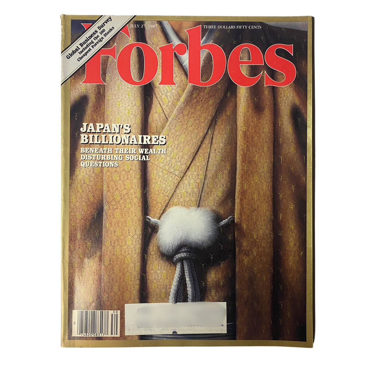Cover of Forbes Magazine from July 27, 1987 titled 'Japan's Billionaires,' featuring a traditional Japanese garment background and the tagline 'Beneath Their Wealth Disturbing Social Questions.' This issue highlights Japan's rise in billionaires.
