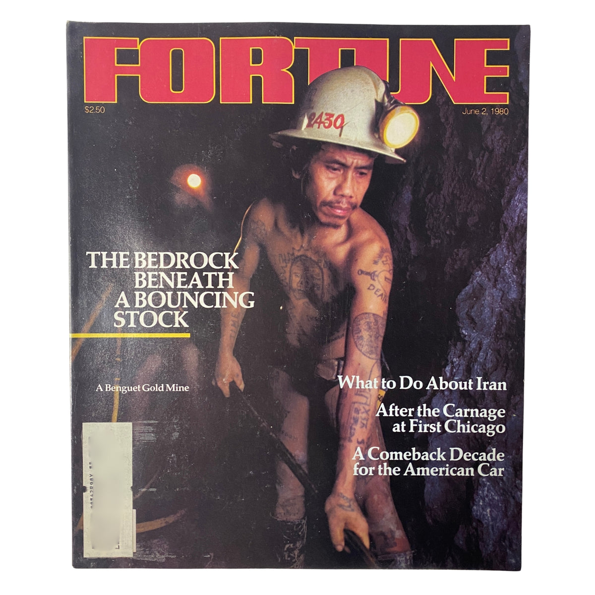 Fortune Magazine cover from June 2, 1980, featuring the title 'The Bedrock Beneath a Bouncing Stock' about Benguet Consolidated, showcasing a gold miner in a mining setting.