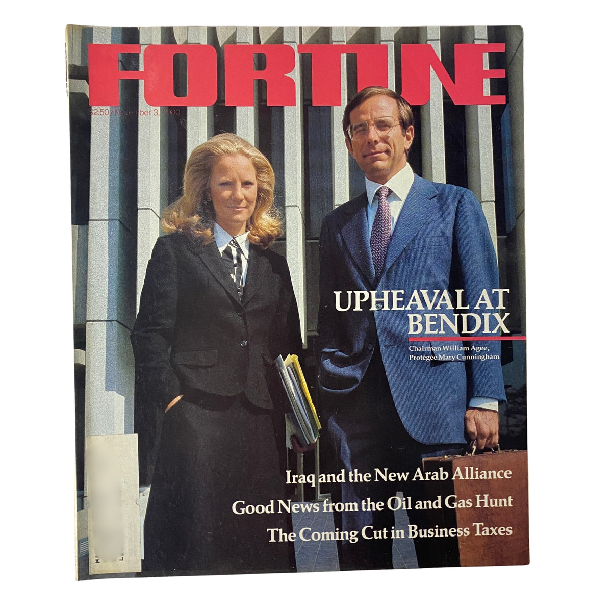 Fortune Magazine cover from November 3, 1980, featuring William Agee and Mary Cunningham, with the headline 'UPHEAVAL AT BENDIX'. This vintage magazine captures significant business themes of the early 1980s.