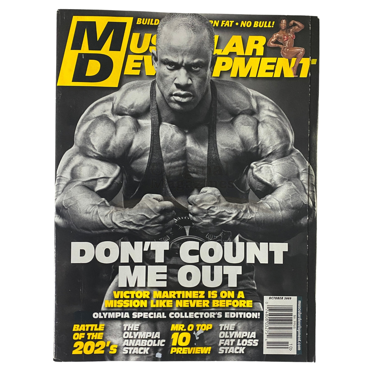 Cover of Muscular Development Magazine October 2009 featuring Victor Martinez, with the headline 'DON'T COUNT ME OUT'. This iconic fitness magazine showcases bodybuilding culture and includes articles and insights from top athletes.