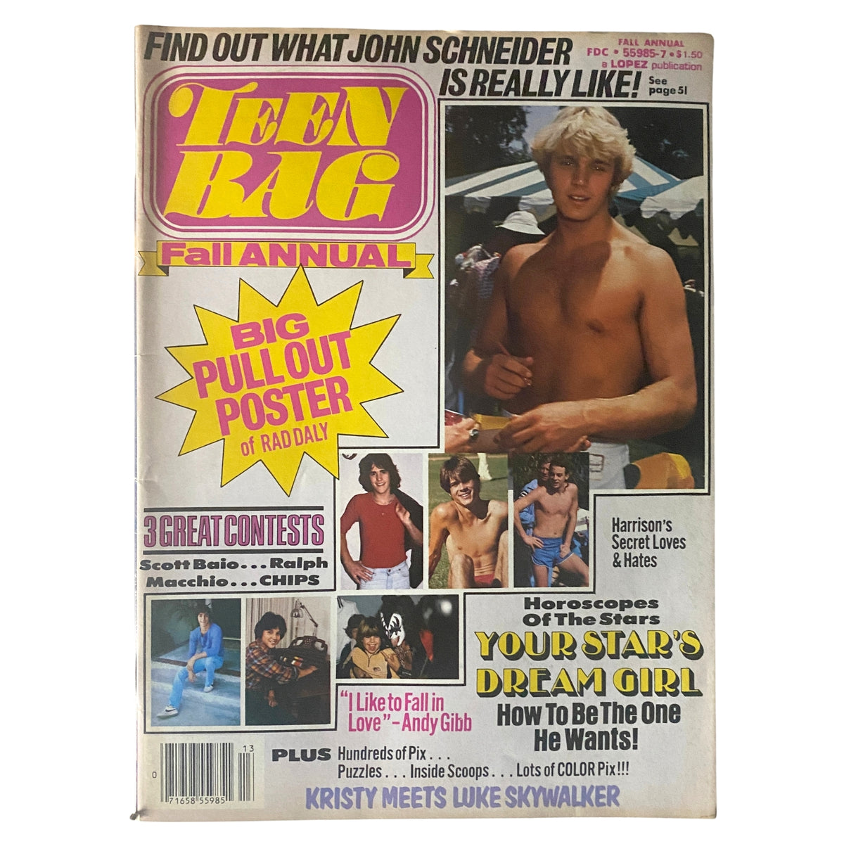 Teen Bag Fall Annual magazine cover featuring Scott Baio, Ralph Macchio, and John Schneider with vibrant graphics and a promotional pullout poster of Rad Daly.