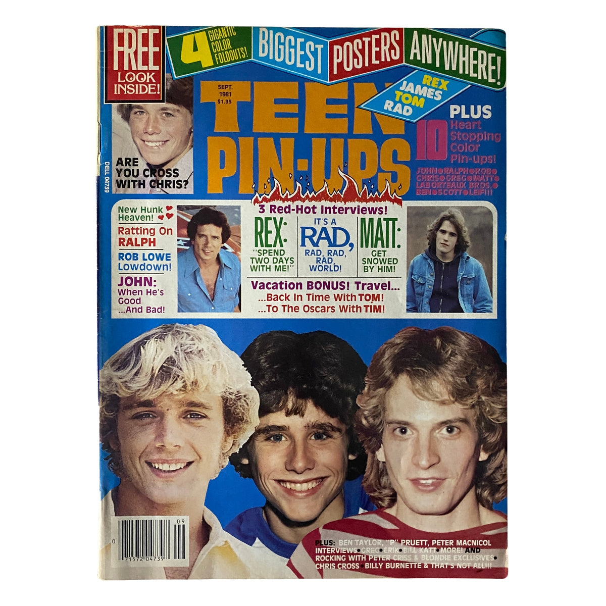Cover of Teen Pin-Ups Magazine September 1981 featuring Rex Smith, Rad Daly, and John Schneider, highlighting interviews and color pin-ups.