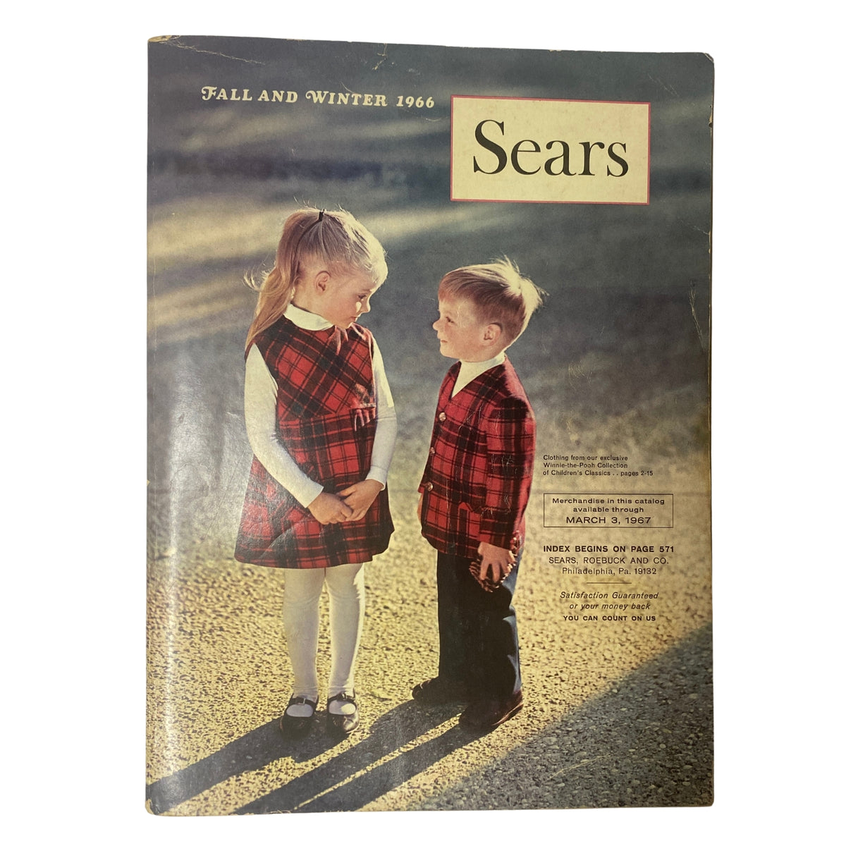 1966 Sears Classic Fall and Winter Catalog cover featuring two children in matching plaid outfits, showcasing vintage children's fashion.
