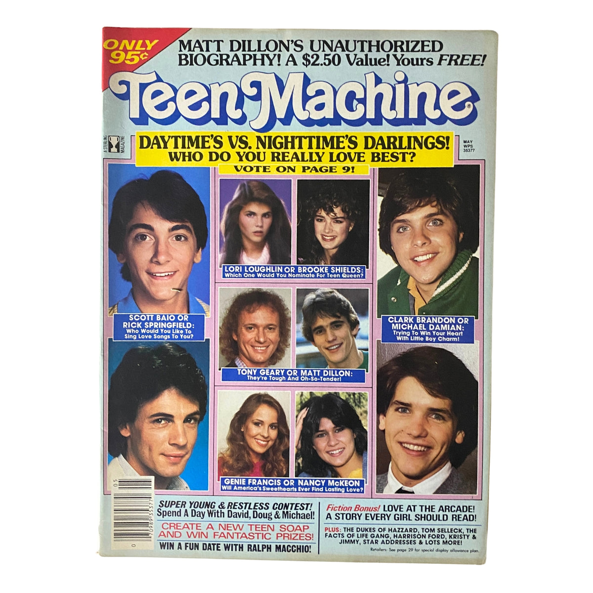Cover of Teen Machine Magazine May 1982 featuring Scott Baio and Rick Springfield, with titles related to celebrity contests and polls.