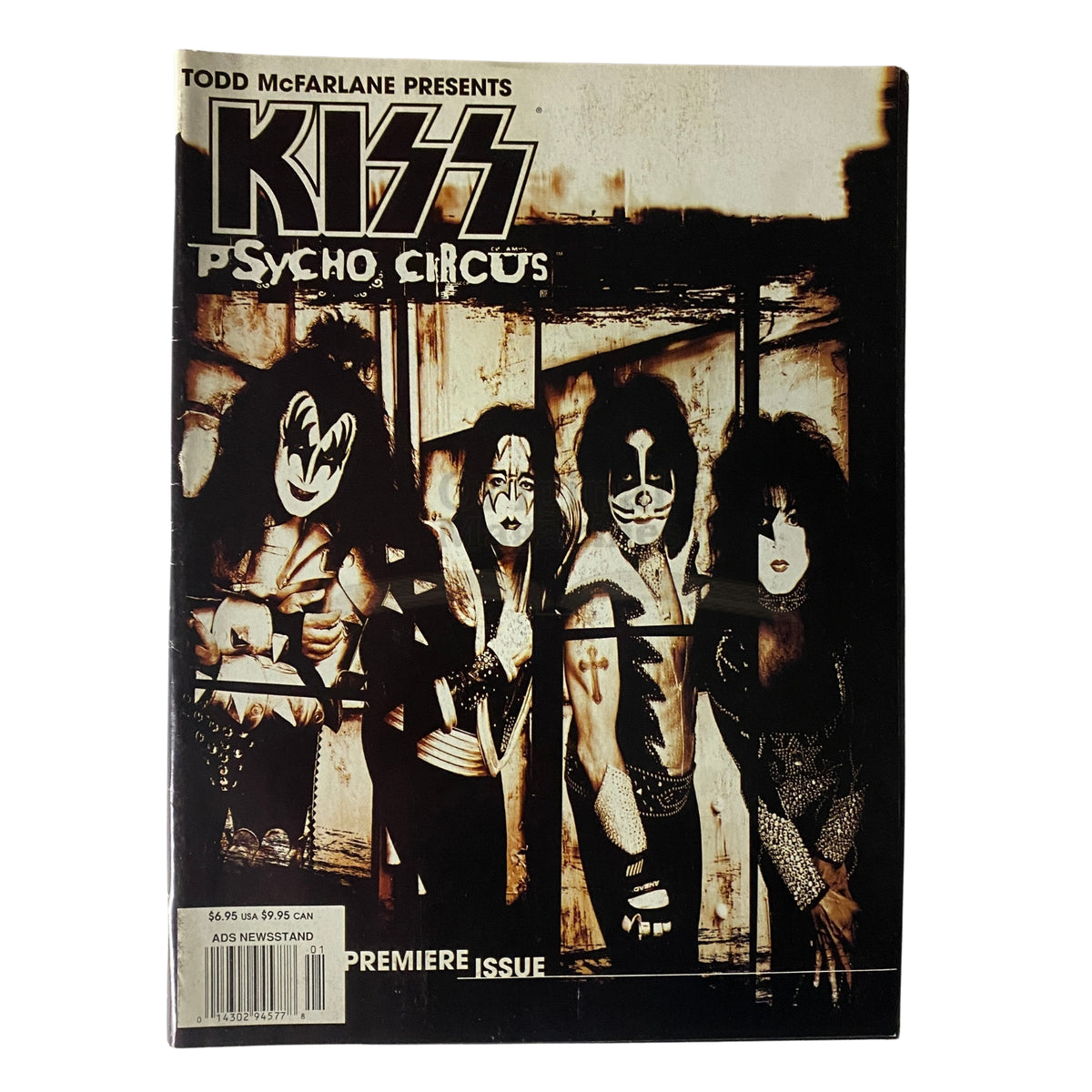 Cover of the 1998 Todd McFarlane Presents Kiss Psycho Circus Premiere Issue featuring the iconic rock band KISS, showcasing their theatrical styles and unique artistry.